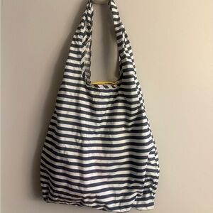 Lands' End Packable Tote Bag Navy White Stripe Foldable Travel Grocery Bag
